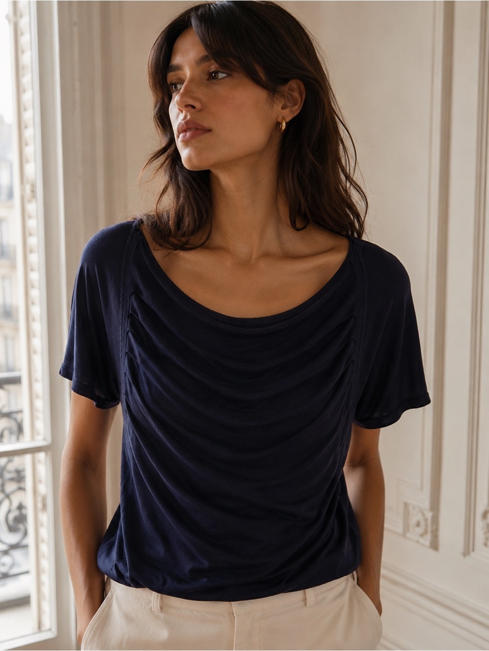 Theory Navy Draped Short Sleeve Top Size Small